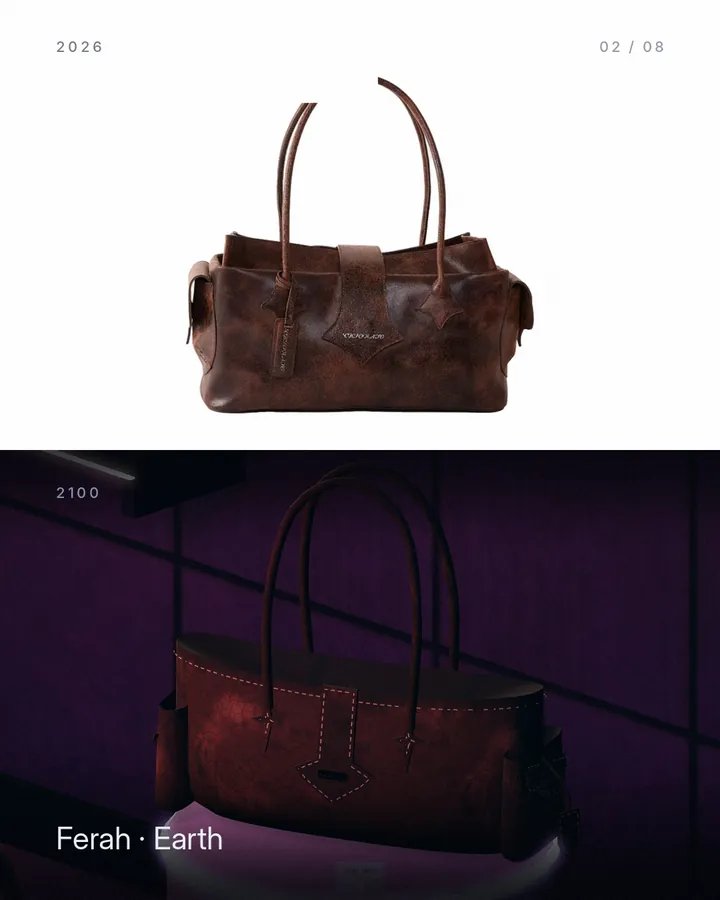 Split image. Top, labelled 2026: a real brown leather Chiomato bag on white. Bottom, labelled 2100: the same bag rebuilt in 3D on a lit plinth in flat 509.