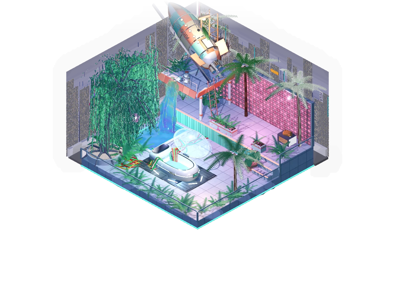 The roof garden of Arkadia Block: an open sleep pod, a frozen waterfall, palms, a willow and a rocket parked on a gantry, in isometric 3D.