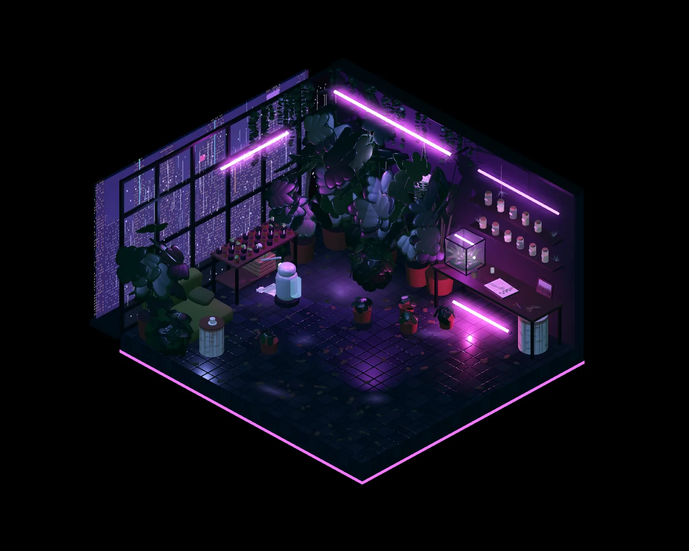 Flat 101 in isometric 3D. Plants to the ceiling. A robot still waters them, every morning, at six.