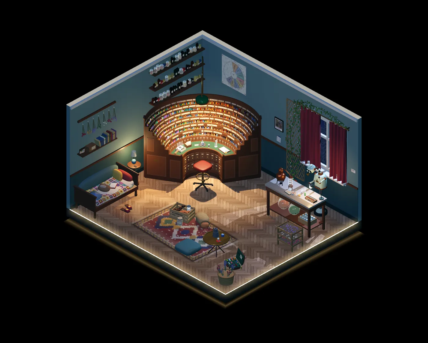 Flat 107 in isometric 3D. Hundreds of glass bottles, each labelled with a memory instead of a scent.