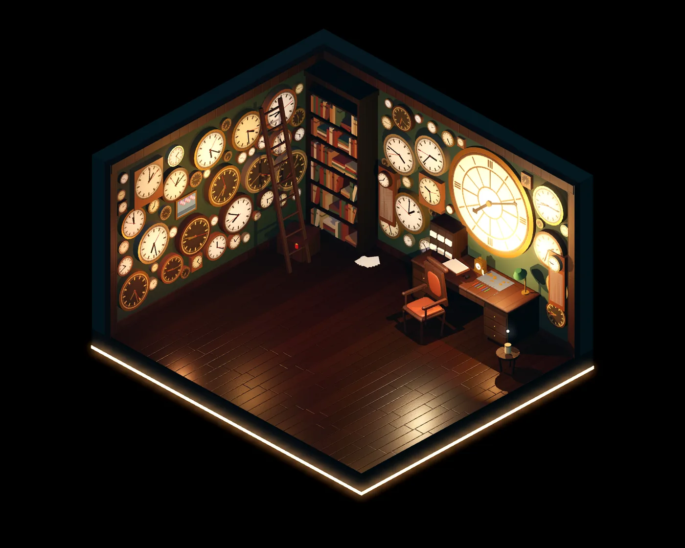Flat 112 in isometric 3D. Hundreds of stopped clocks. One is still ticking.