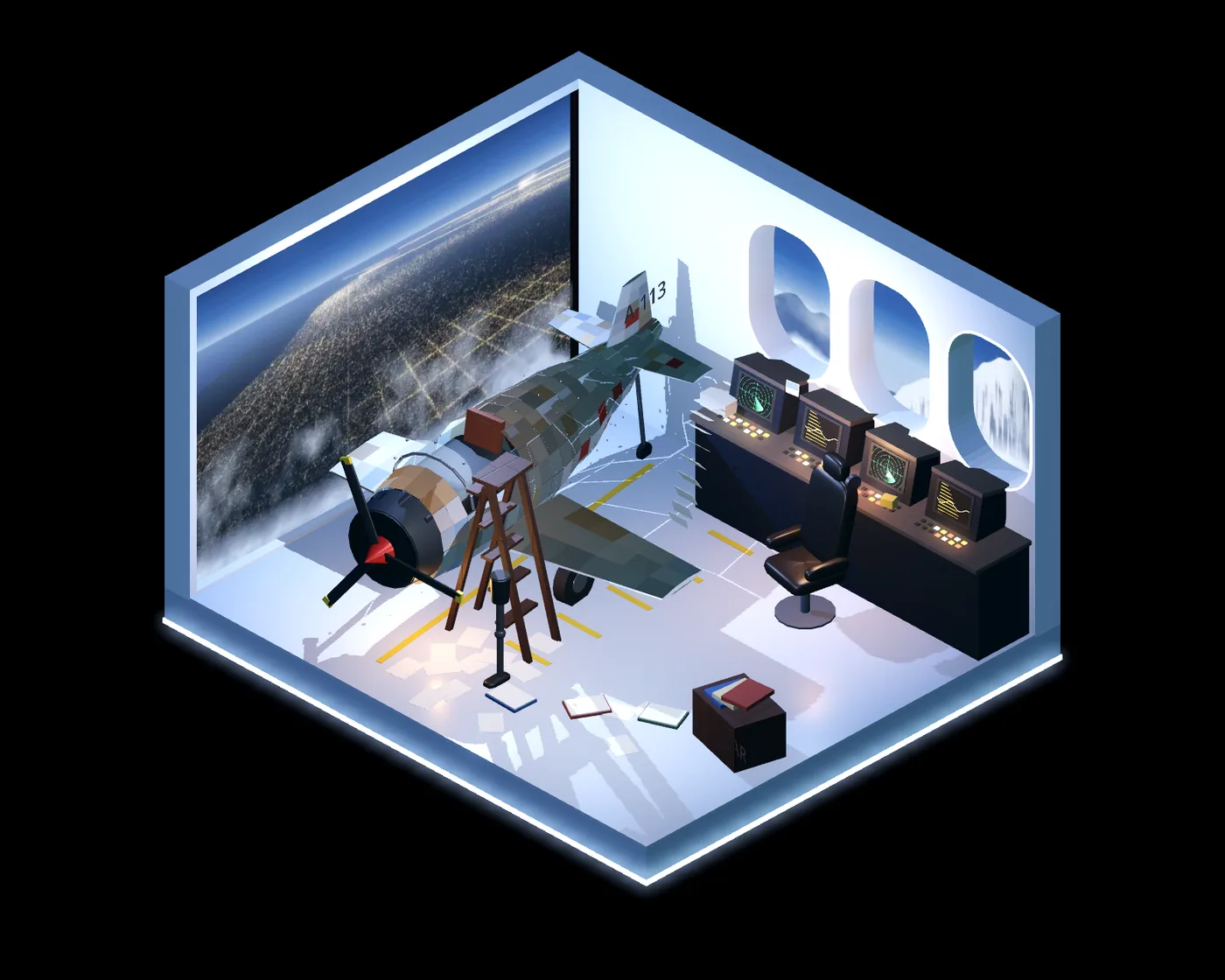 Flat 113 in isometric 3D. Robots built a full-size plane out of scrap, right here in the living room.