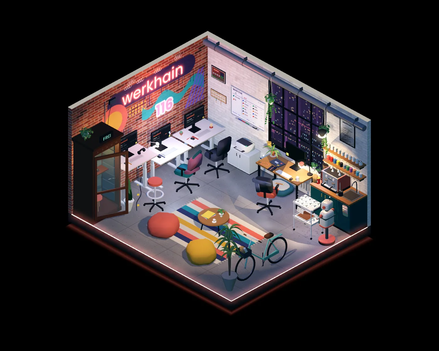 Flat 116 in isometric 3D. A row of desks with a monitor on every one, a phone booth made from a wardrobe, and coffee made every morning for people who aren't coming.