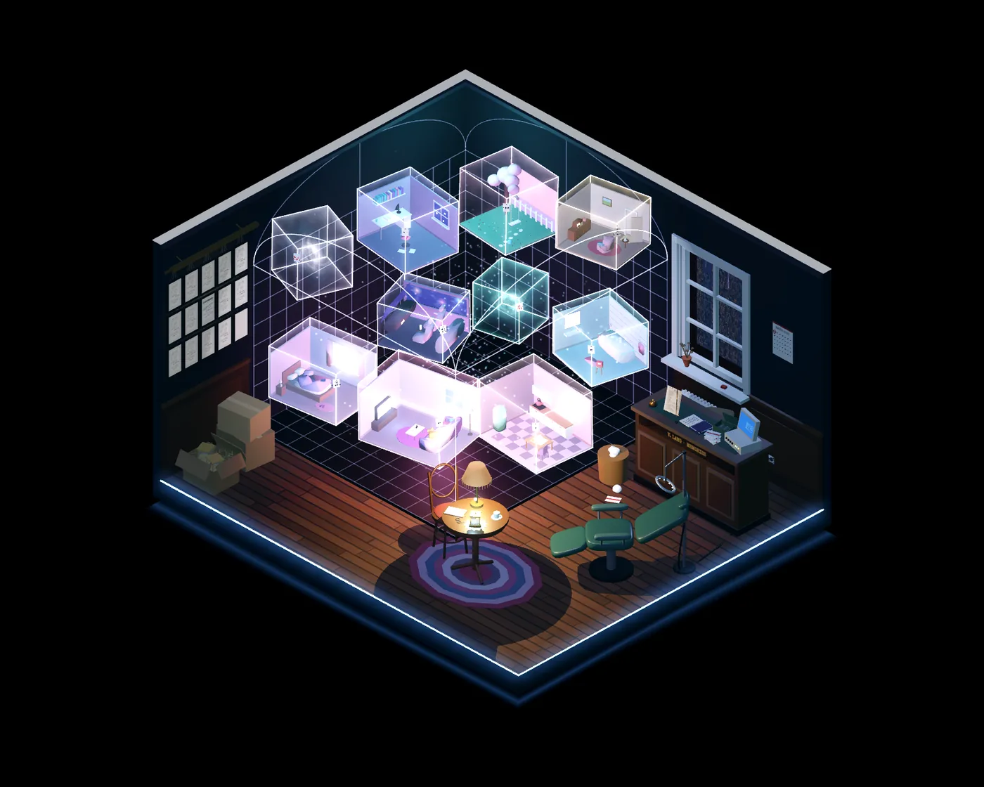 Flat 208 in isometric 3D. Rooms of memory in glass, each hung at its price. A few were never sold.