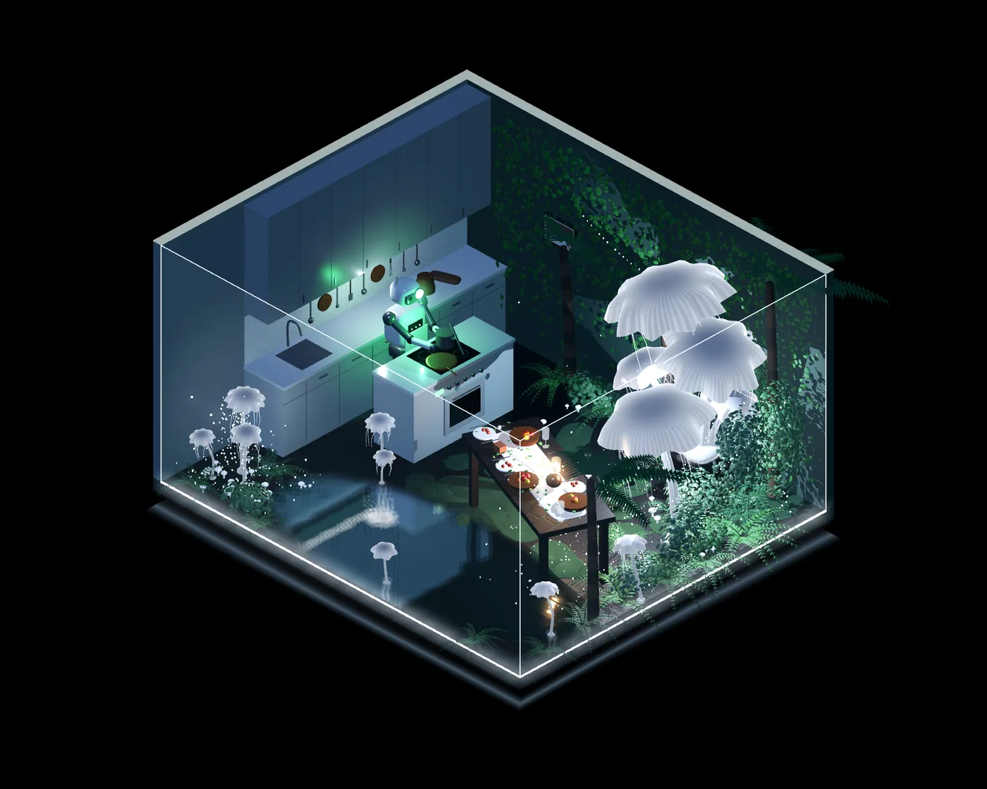 Flat 210 in isometric 3D. Old spices grew into a forest of glowing mushrooms. A robot still cooks her recipes every evening.