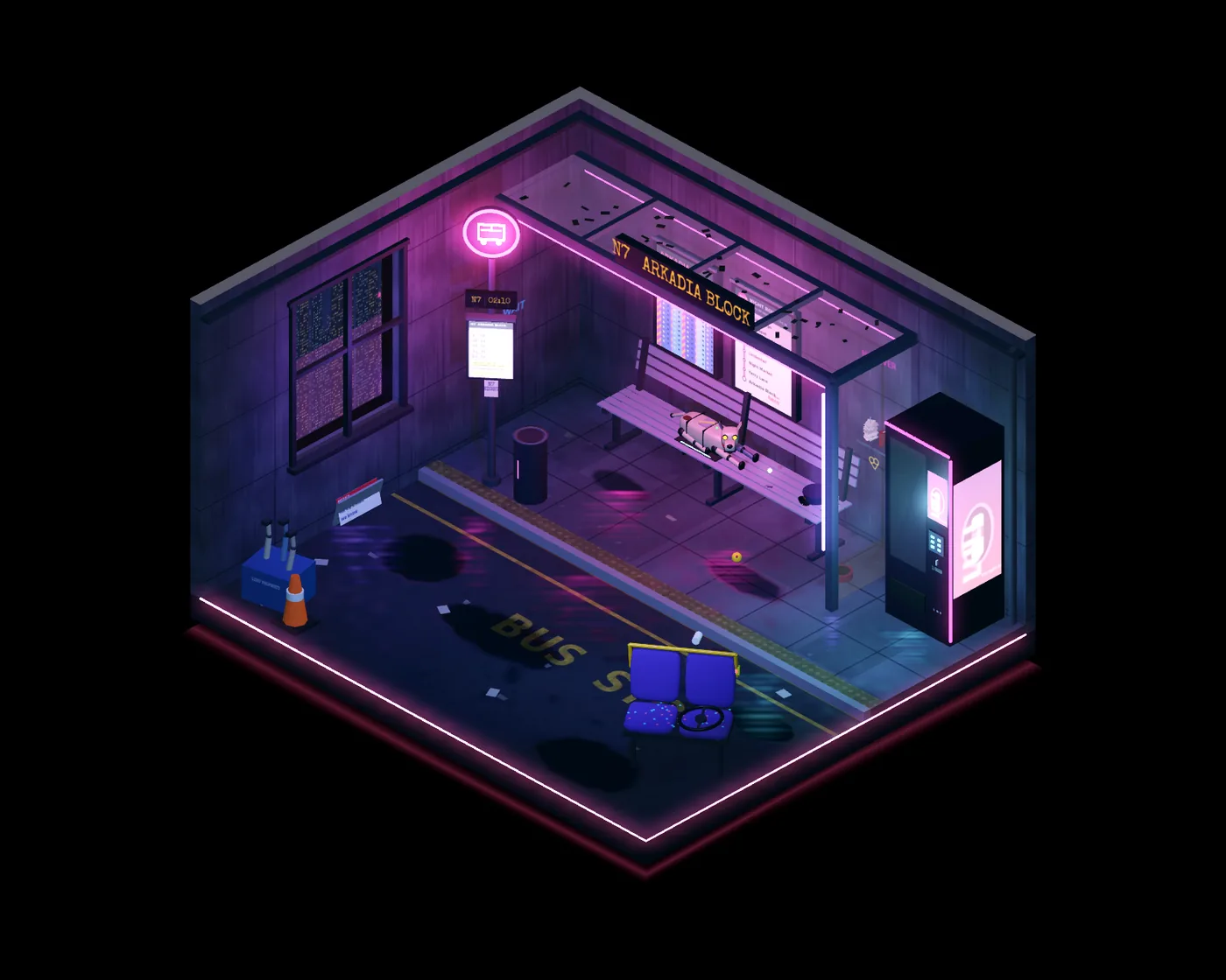 Flat 219 in isometric 3D. Somebody brought a bus stop home. An ancient robot dog sleeps on the bench. It lifts its head when you come in.