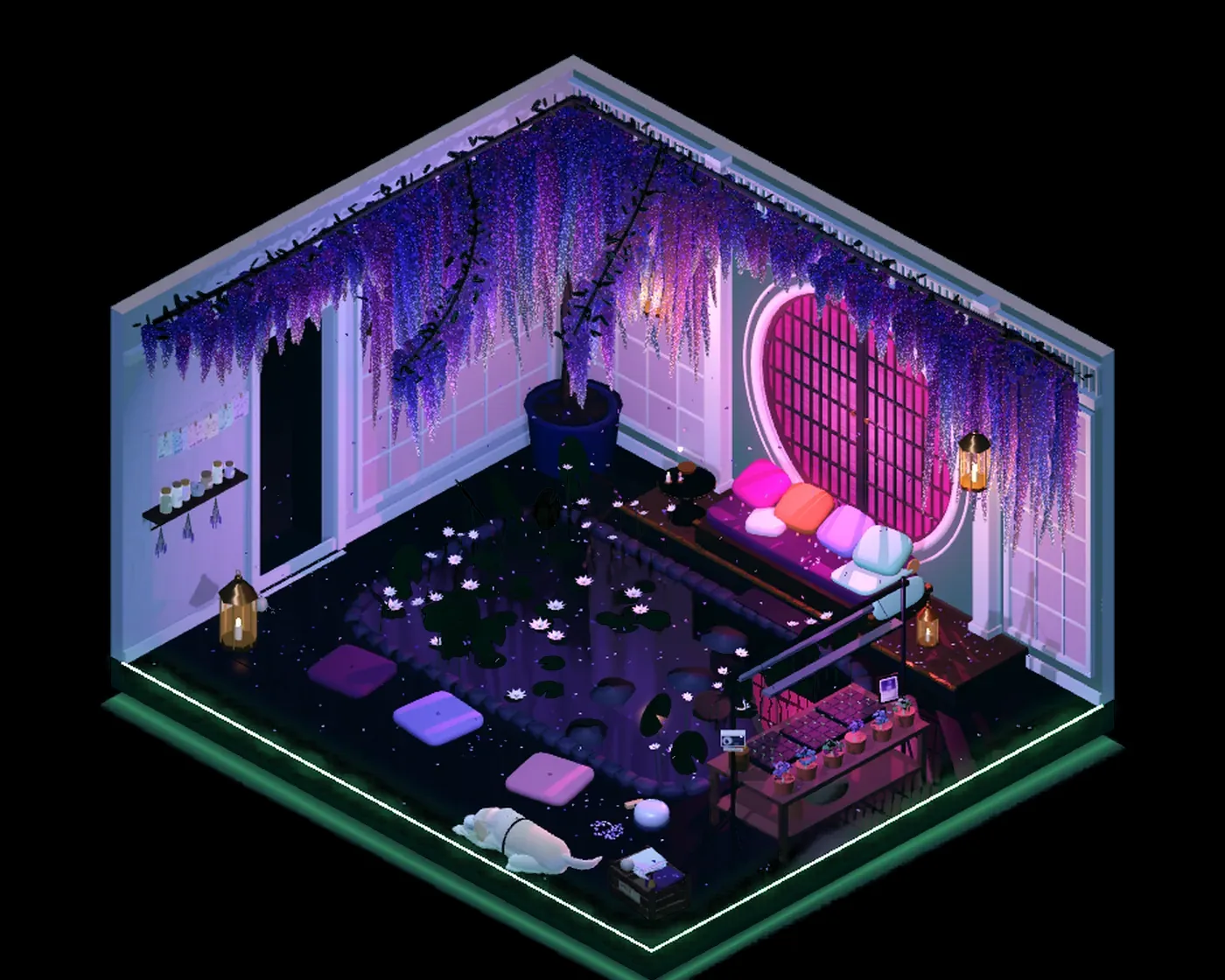 Flat 312 in isometric 3D. Wisteria pours from the ceiling in purple curtains. At the back, a round gate glows magenta.