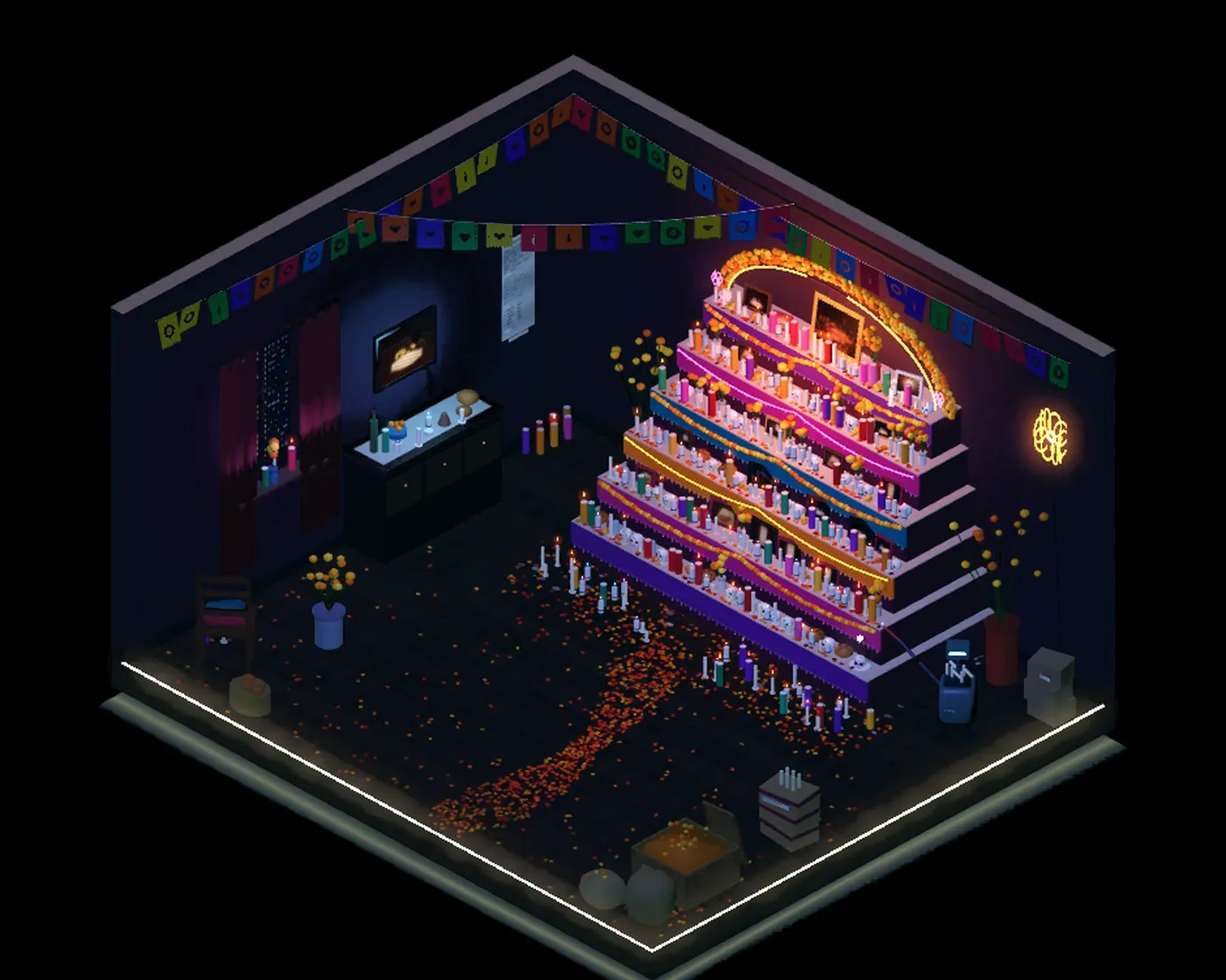 Flat 313 in isometric 3D. An altar of marigolds, candles, sugar skulls and photographs. Yours is among them.