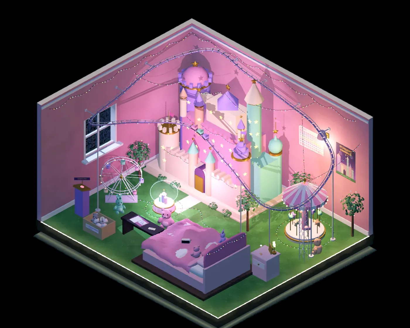 Flat 317 in isometric 3D. A model castle fills half the room. A tiny rollercoaster runs a loop around the ceiling.
