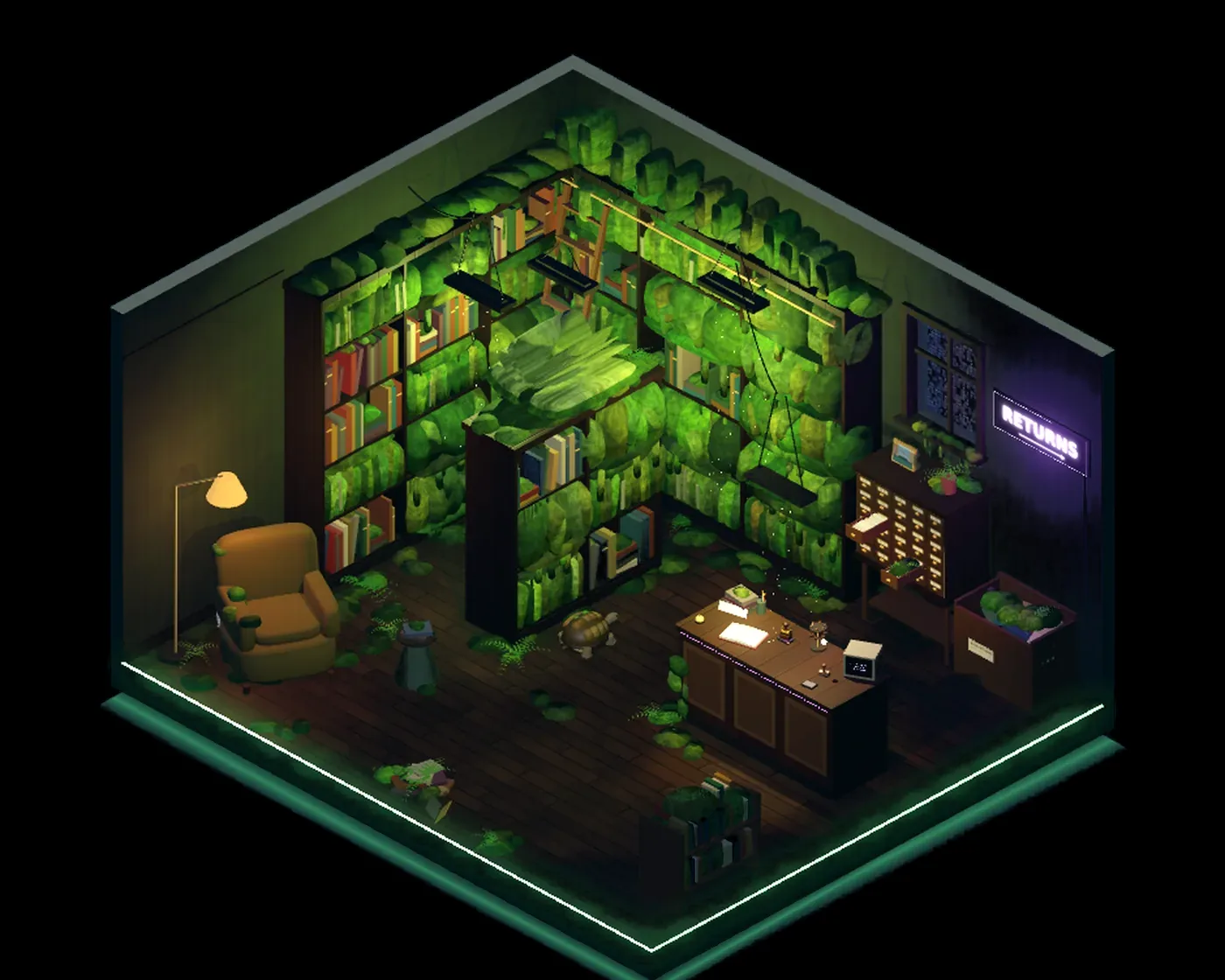 Flat 401 in isometric 3D. Books swollen into moss sculptures. A tortoise walks slowly between the shelves.