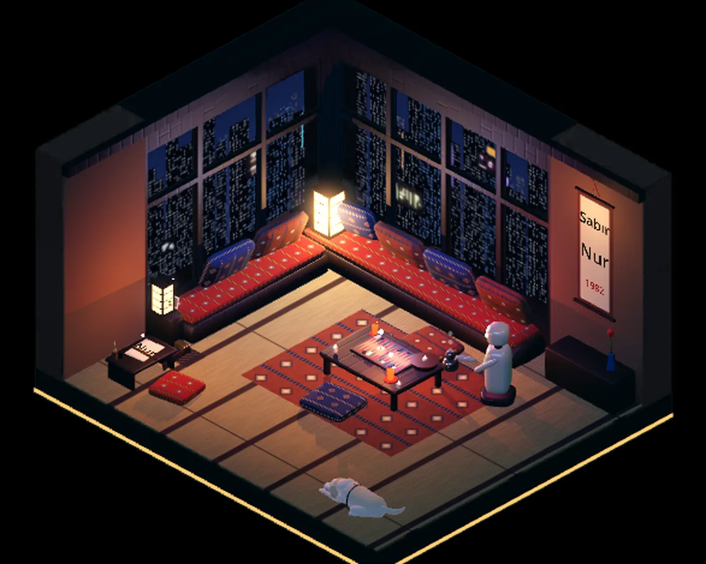 Flat 403 in isometric 3D. He wrote the name plate on every door in this building by hand, one careful letter at a time.