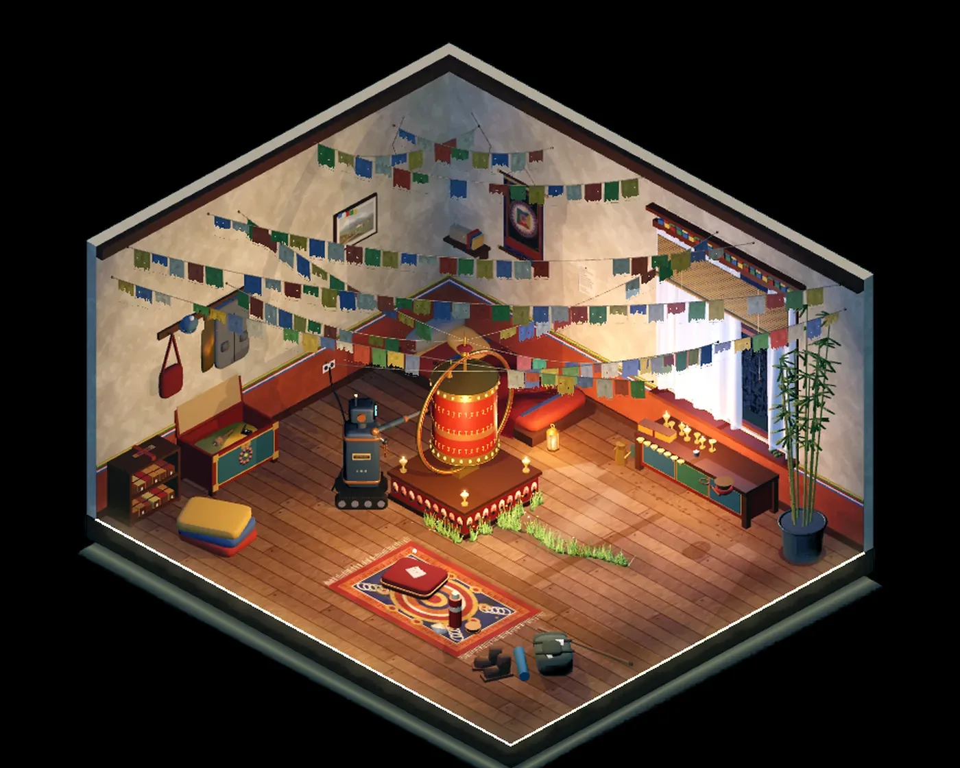 Flat 405 in isometric 3D. Faded prayer flags cross the ceiling. A robot keeps spinning the prayer wheel, endlessly.