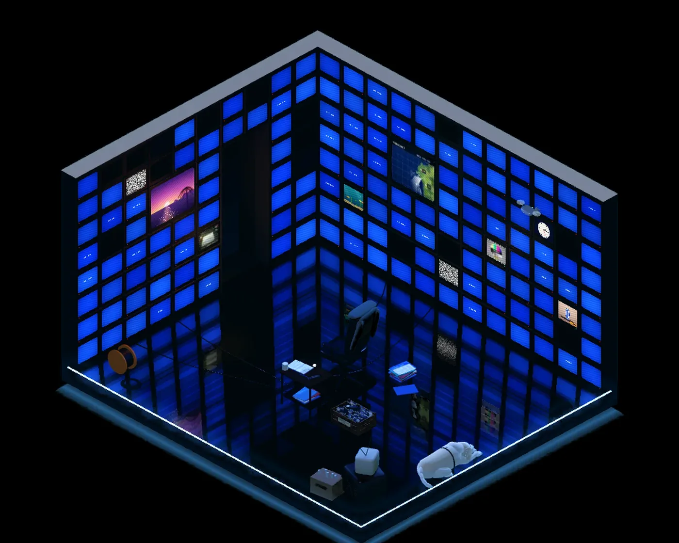 Flat 412 in isometric 3D. A wall of screens around one empty chair. Most of them have gone blue.