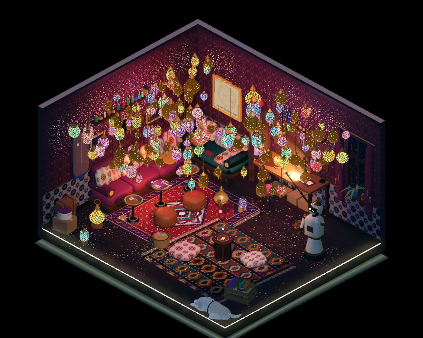 Flat 416 in isometric 3D. Pierced lanterns hang from every inch of ceiling, coloured glass and brass, throwing stars across a room of velvet and pattern.