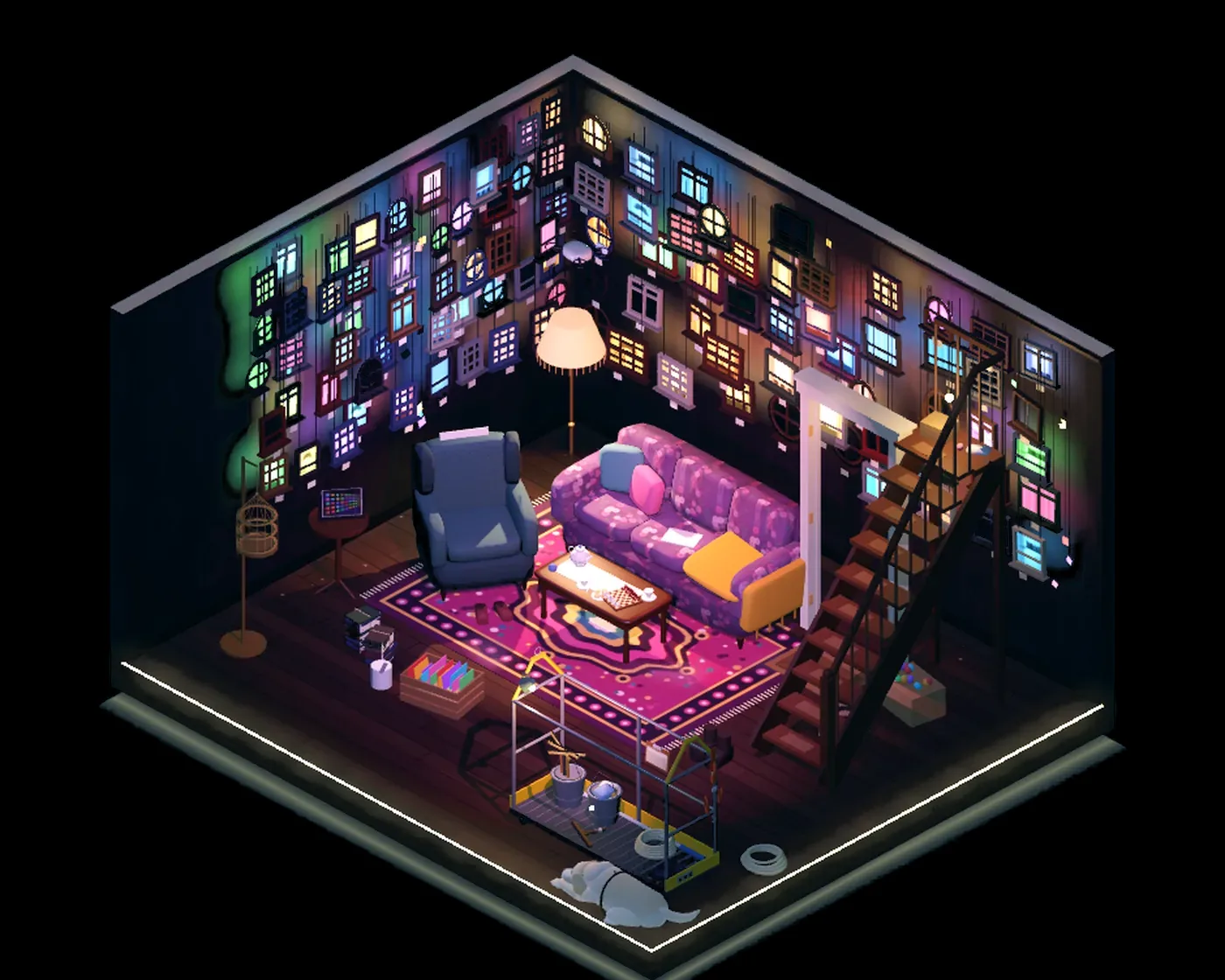 Flat 420 in isometric 3D. A dark room full of old windows hanging in the air, each lit from behind, each where it used to sit on the front of the building.