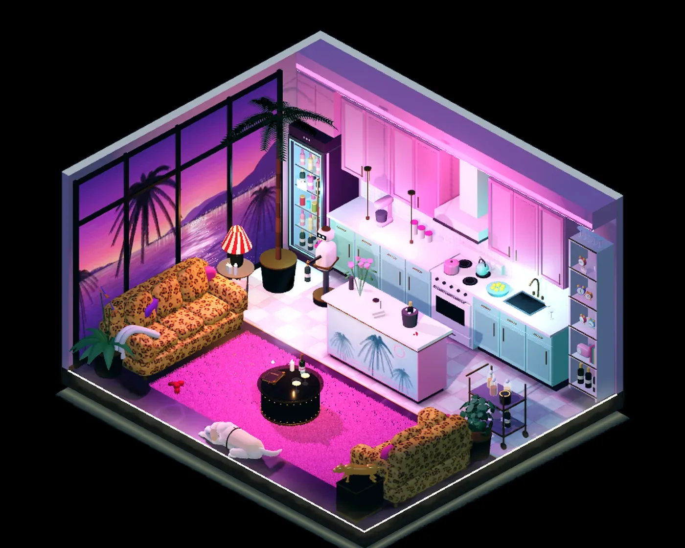 Flat 506 in isometric 3D. Leopard print, pink shag, and a sunset that has been setting since 1992.