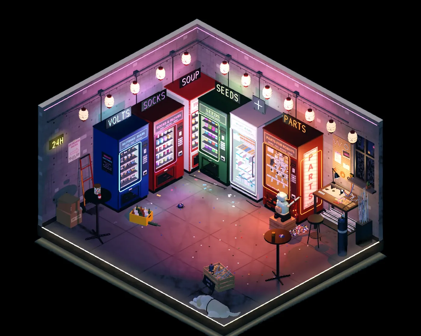 Flat 511 in isometric 3D. A room of old vending machines, every one rewired and lit with his neon. One of them sells parts for robots.